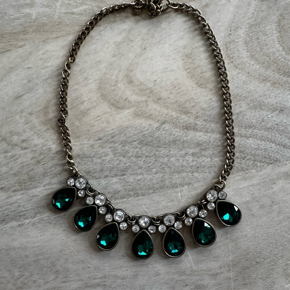 J. Crew Green and Gold Jeweled Statement Necklace